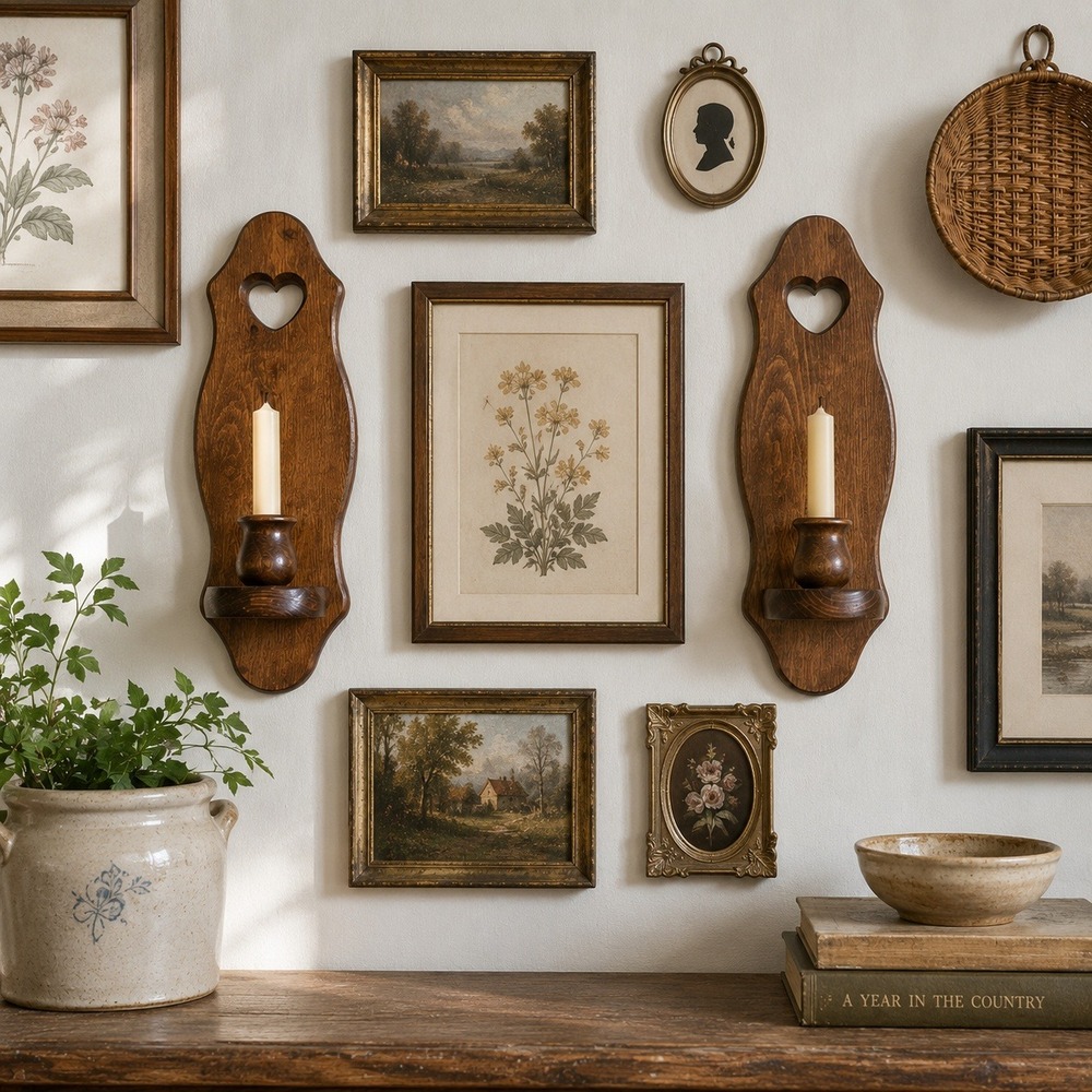 Vintage Wood Wall Sconce Candle Holder Pair Heart Cutout Country Farmhouse Brown